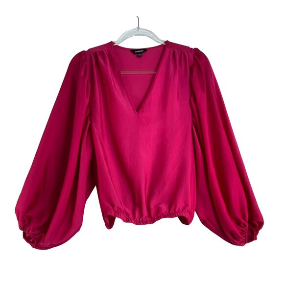Express Fuchsia Pink V-Neck Puffy Sleeve Blouse Medium Gypsy Boho Barbie top y2k - Picture 2 of 6